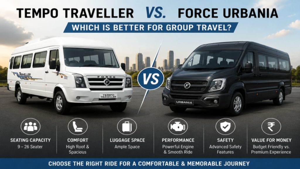 Tempo Traveller and Force Urbania compared side by side for comfortable group travel.