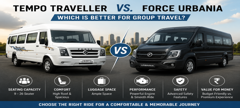 Tempo Traveller and Force Urbania compared side by side for comfortable group travel.